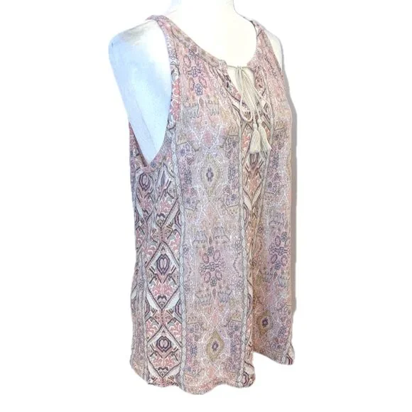 Rachel Zoe | 100% Linen Tassel Tank Top Pink & Beige Motif | Size Medium - Picture 4 of 11